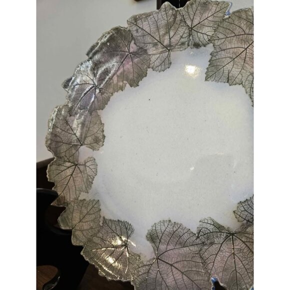 Vintage Handmade Pottery Plate with Naturalistic Leaf Imprints - Picture 2 of 6